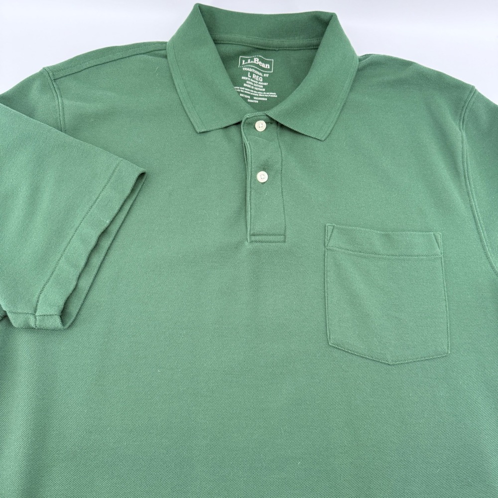 LL Bean Polo Shirt Mens Large Regular Green Cotton Pique Pocket 300457